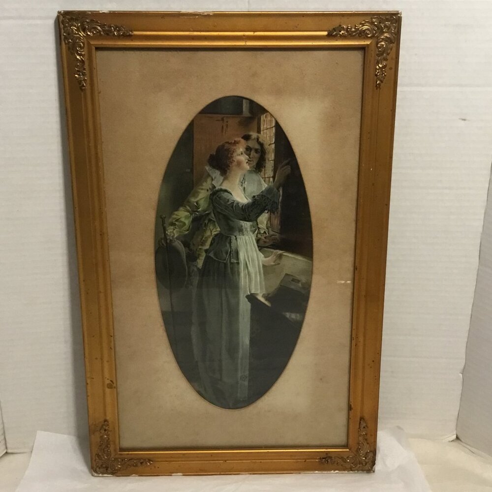 Antique 1896 framed Chromo Lithograph "Silent Persuasion" by Laura Tadema